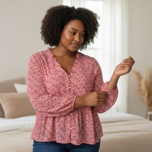 rue+ Pink Floral Peplum Blouse 3X Plus Size Button Front Rayon Boho Top Feminine